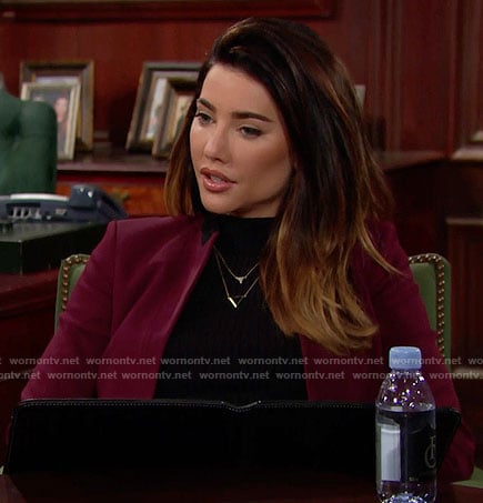 Steffy's burgundy blazer and triangle necklace on The Bold and the Beautiful