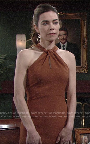 Victoria's tan twist neck dress on The Young and the Restless