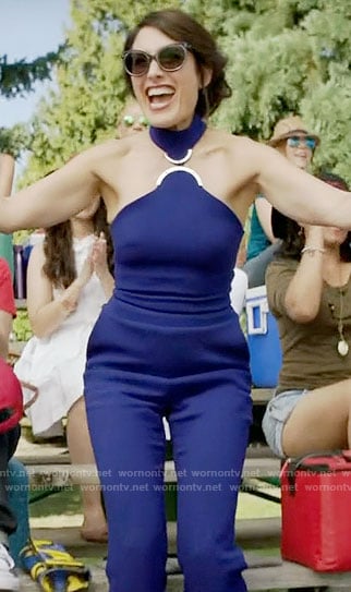 Abby's blue halterneck jumpsuit on Girlfriends Guide to Divorce