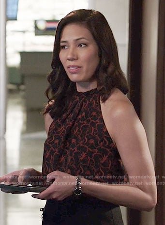 Angela's black and red printed top on Bones