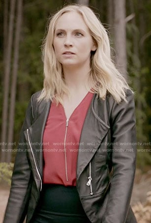 Caroline's red zip-front top and leather jacket on The Vampire Diaries