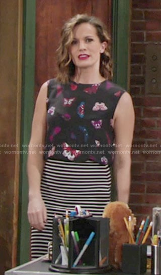 Chelsea's black butterfly print top on The Young and the Restless