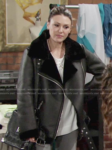 Chloe's black oversized biker jacket with fur collar on The Young and the Restless