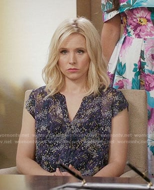 Eleanor's purple printed v-neck top on The Good Place