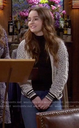 Eve's white lace bomber jacket on Last Man Standing