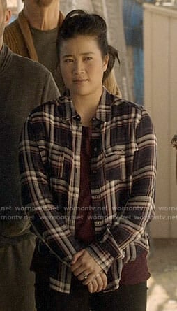 Happy's navy plaid shirt on Scorpion