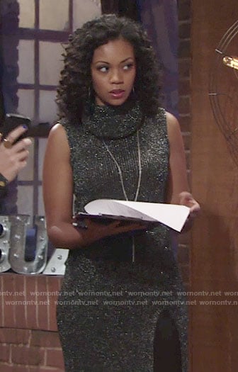Hilary's metallic sleeveless cowl neck dress on The Young and the Restless