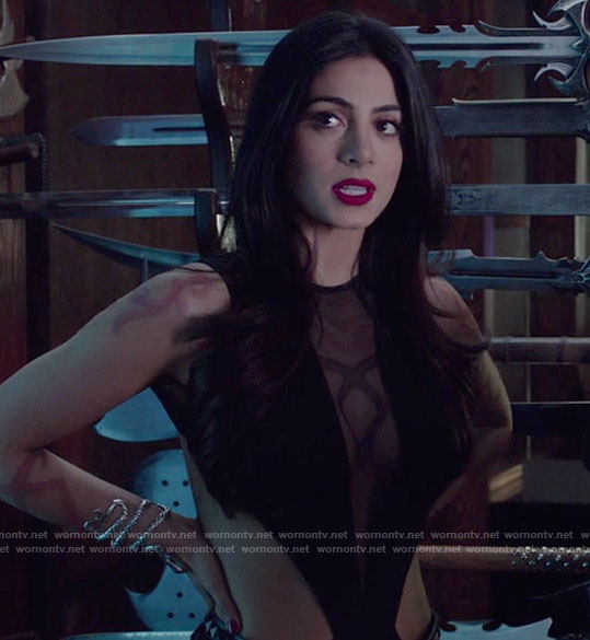 Isabelle's black mesh panel swimsuit on Shadowhunters