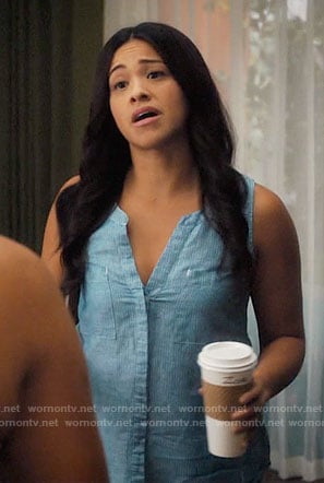Jane's blue sleeveless split-neck top on Jane the Virgin