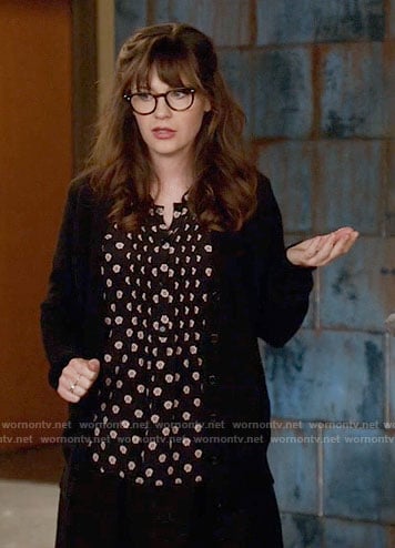 Jess's black flower print top on New Girl