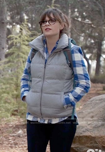 Jess's blue gingham checked shirt and puffer vest on New Girl
