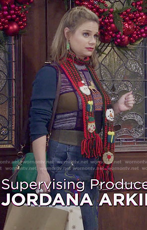 Kimmy's patchwork sweater, Christmas scarf and embroidered denim skirt on Fuller House