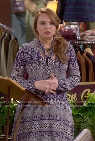 Kristin's blue printed tie-neck dress on Last Man Standing