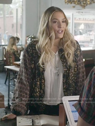 Maddie's silver drawstring top and mixed print bomber jacket on Nashville