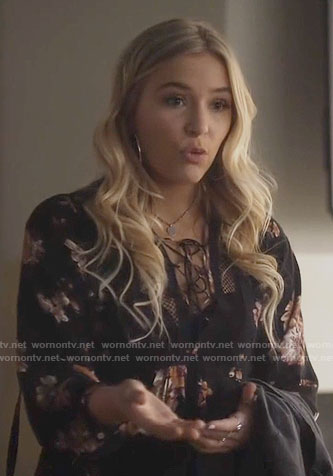Maddie's black floral lace-up blouse on Nashville