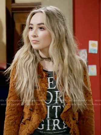 Maya's New York City Girl top and orange lace jacket on Girl Meets World