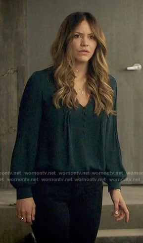 Paige's green v-neck blouse on Scorpion