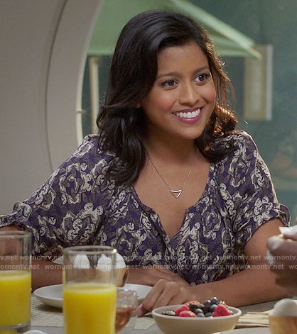 The Real Eleanor's purple butterfly print top on The Good Place