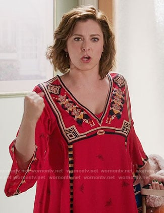 Rebecca's red embroidered dress on Crazy Ex-Girlfriend