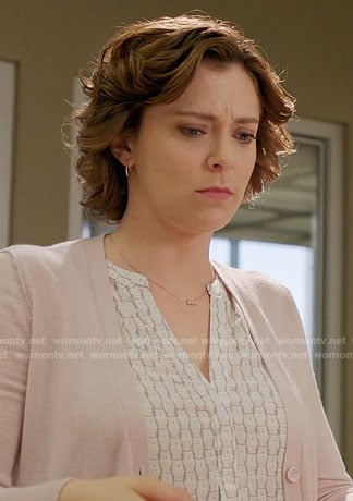 Rebecca's white owl print top on Crazy Ex-Girlfriend