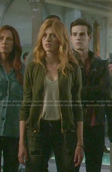 Clary's khaki green zip front jacket on Shadowhunters