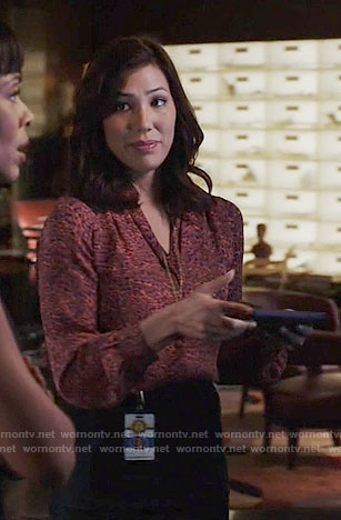 Angela's pink printed blouse on Bones