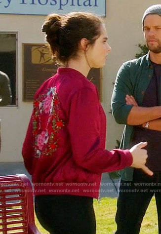 Bay's red bomber jacket with floral embroidered back on Switched at Birth