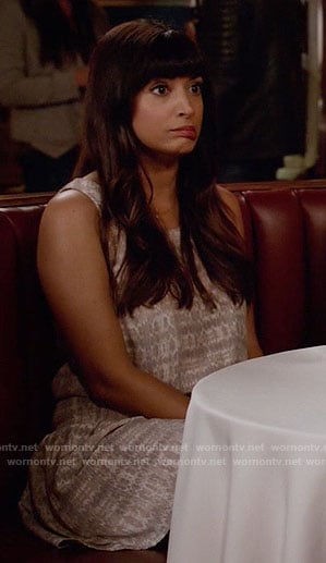 Cece's beige ikat print dress on New Girl