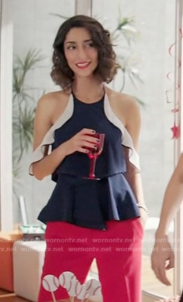 Delia's navy top with ruffle shoulders on Girlfriends Guide to Divorce