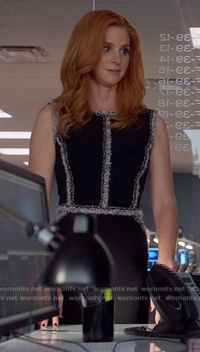 Donna's black dress with tweed trim on Suits