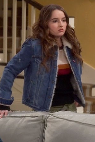 Eve's fleece lined denim jacket and striped sweater on Last Man Standing