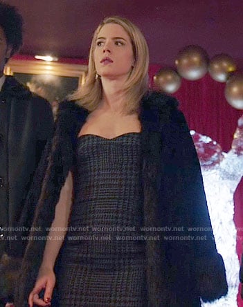 Felicity's houndstooth dress and fur coat on Arrow
