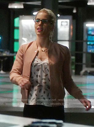 Felicity's feather print top and pink bomber jacket on Arrow