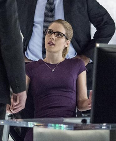 Felicity's purple cap-sleeve dress on Arrow