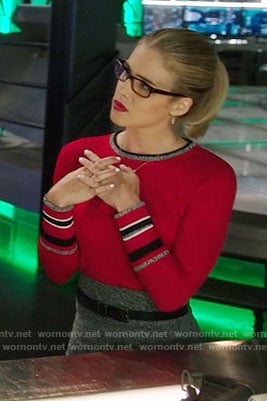 Felicity's red sweater with striped cuffs on Arrow