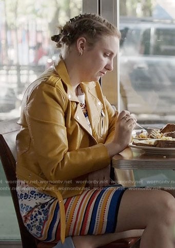 Hannah's floral and stripe print dress and yellow leather jacket on Girls