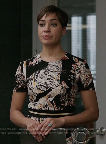 Lucca's short sleeved cat print dress on The Good Fight