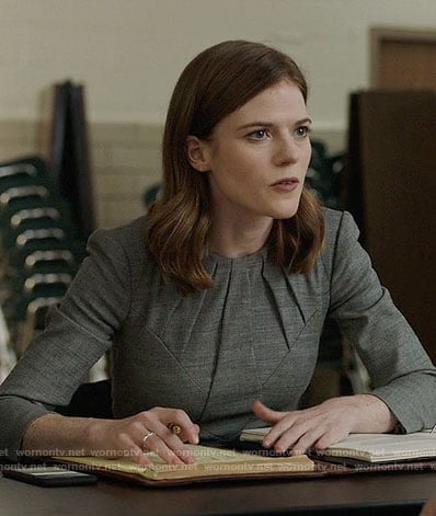 Maia's grey pleated neck dress on The Good Fight