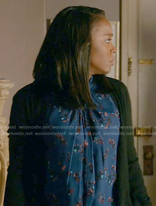 Michaela's blue printed twist-neck top on How to Get Away with Murder