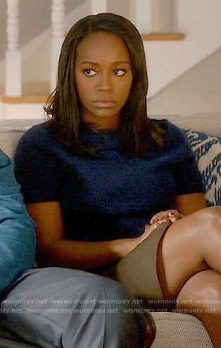 Michaela's navy short sleeved sweater on How to Get Away with Murder