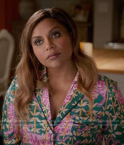 Mindy's green and pink tiger print pajamas on The Mindy Project