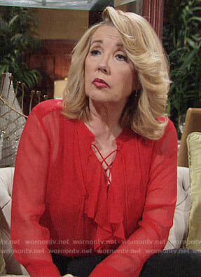 Nikki's red ruffled lace-up blouse on The Young and the Restless