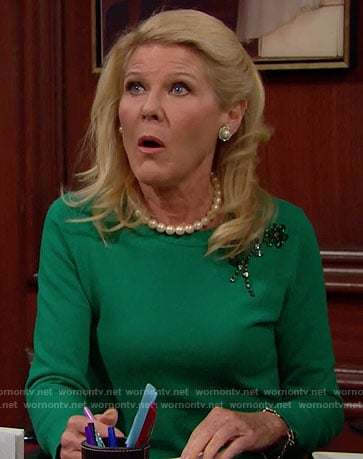 Pam's green flower embellished sweater on The Bold and the Beautiful