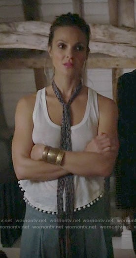 Phoebe's white pom-pom trim tank top on Girlfriends Guide to Divorce