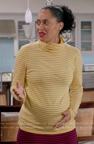 Rainbow's yellow striped turtleneck and red striped skirt on Black-ish