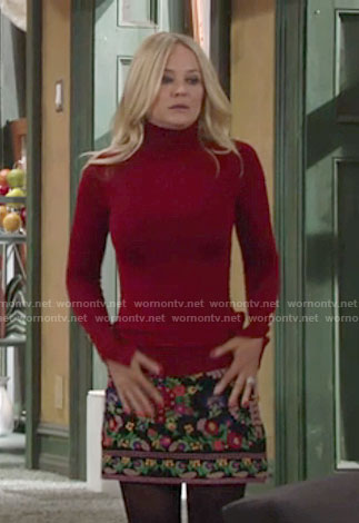 Sharon's floral embroidered skirt and red turtleneck on The Young and the Restless