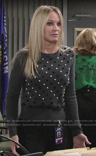 Sharon's grey pom pom sweater on the Young and the Restless