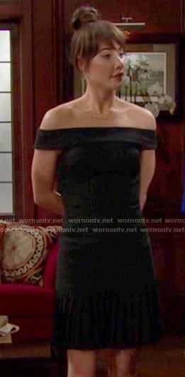 Steffy's black pinstriped off-shoulder dress on The Bold and the Beautiful