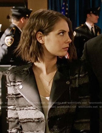 Thea's black striped tweed moto jacket on Arrow