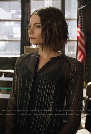 Thea's sheer metallic striped blouse on Arrow